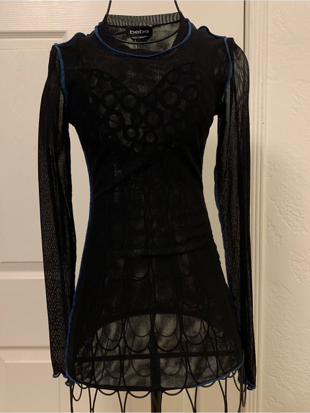 bebe Black Sheer Long-Sleeve Mesh Top with Blue Contrast Trim